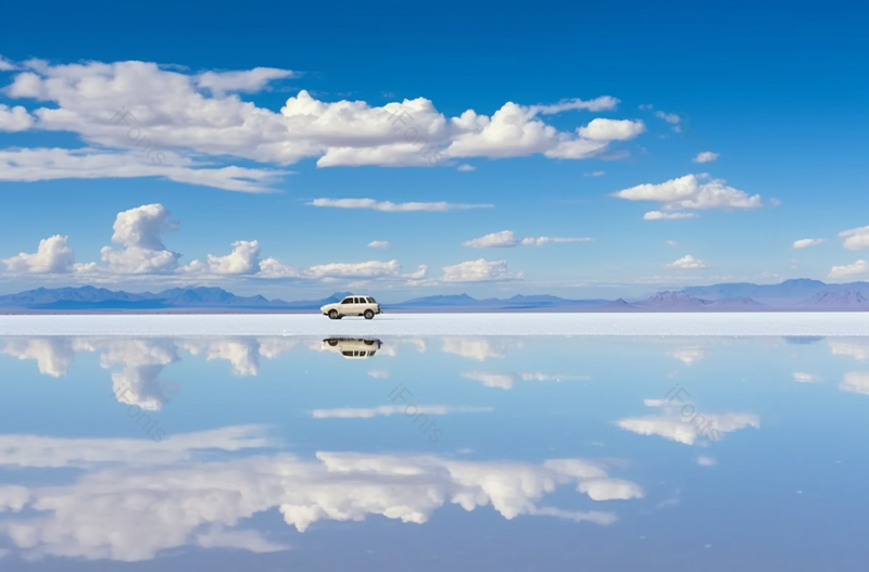 汽车行驶在镜面湖泊蓝天白云自然景色摄影,高清,摄影图,摄影图片,图片大全,摄影图免费下载